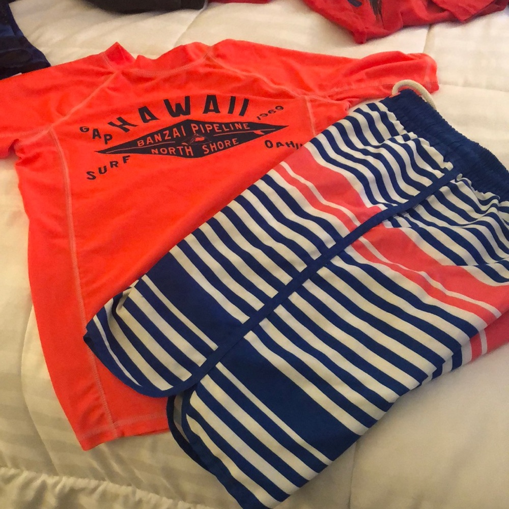 Boys size medium Gap swim trunk and rash guard.